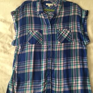 Multi-Colored Plaid Cut-Off Button Down